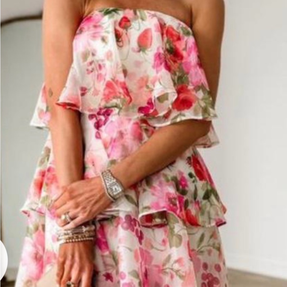 Floral strapless (organza) mini dress